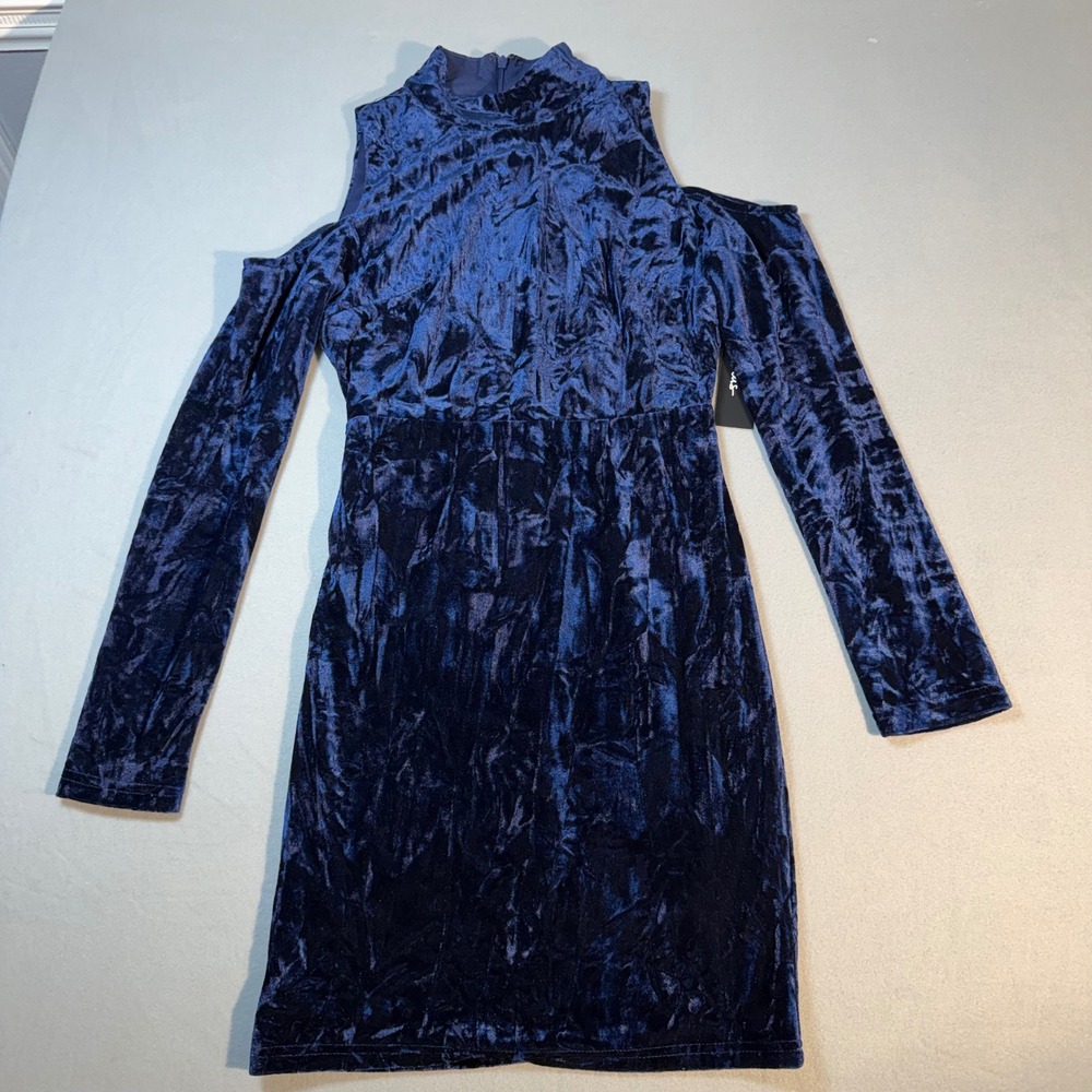 Lulus Mini Dress Womens Small Navy Blue Cold Shoulder Y2K Party Crushed Velvet